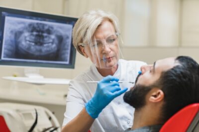 dentist's chair for dental crown procedure